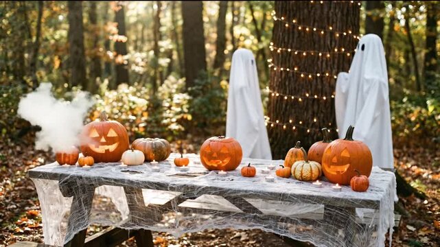 A festive halloween background featuring a glowing carved pumpkin lantern sitting on a dark rustic wooden surface