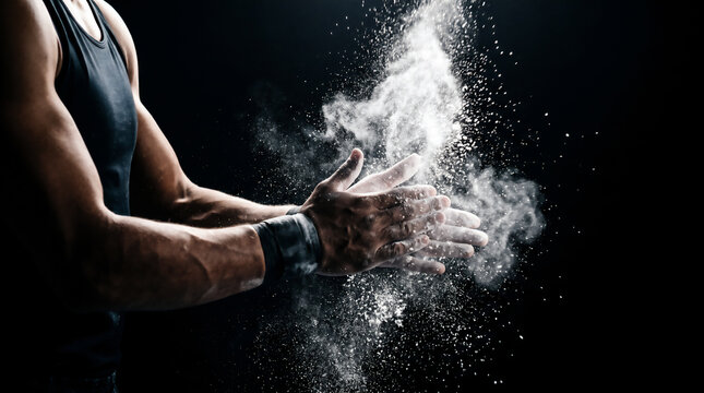 Muscular athlete clapping hands with white chalk dust before workout