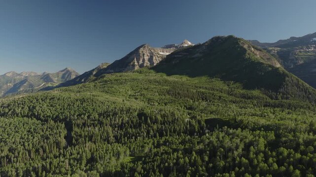 An aerial shot of a forest and  the north side of Mount Timpanogos in the afternoon in Summer, Utah, USA