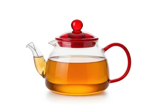 Clear glass teapot with a red handle and lid filled with hot tea