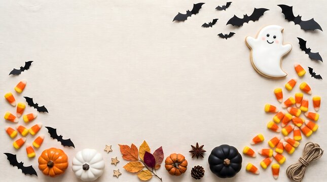 Festive halloween background featuring a decorative border of candy corn pumpkins ghost cookies and black paper bats on beige