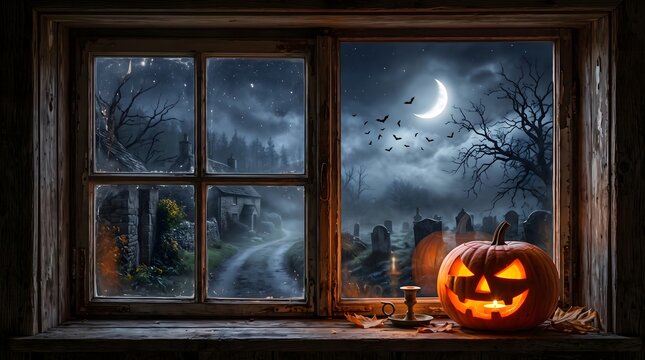 A spooky glowing jack o lantern sits on a wooden windowsill overlooking a dark misty forest during halloween night