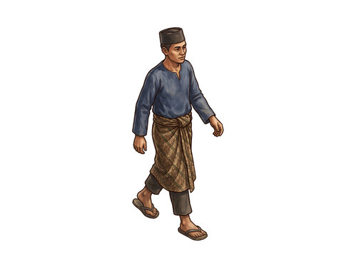 Man with Traditional outfit Southeast Asia Villager walking.