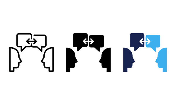 Communication icons with two heads and speech bubbles exchanging messages.