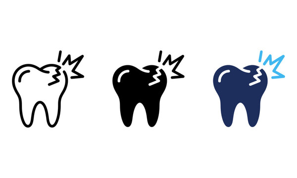 Cracked tooth with painful jagged lines dental care and health icon.
