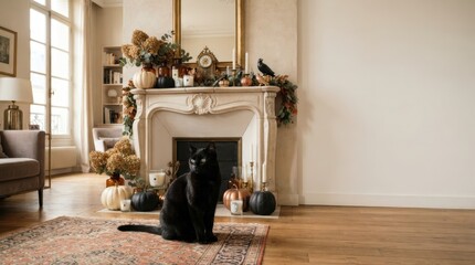 Obraz premium Black cat sits on an oriental rug in a living room decorated for autumn