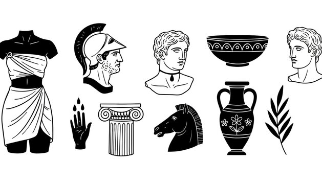 Ancient greek elements set with statues columns and pottery illustrations
