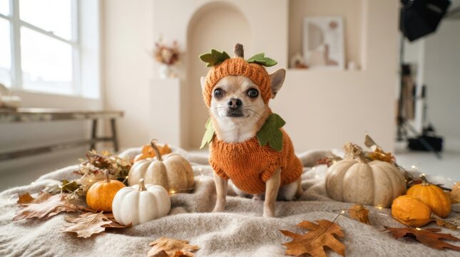 Cute chihuahua dressed as a pumpkin surrounded by autumn decorations