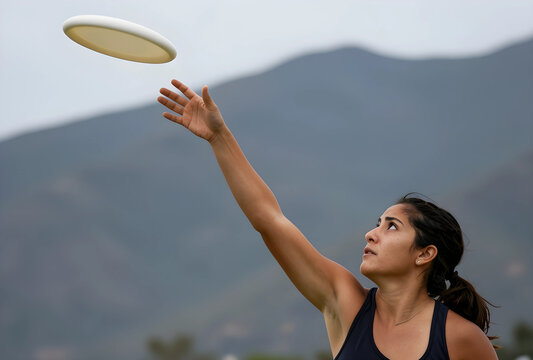 Young hispanic woman reaching for a flying frisbee outdoors during a casual game on a cloudy day, a young hispanic woman reaches up with her arm extended