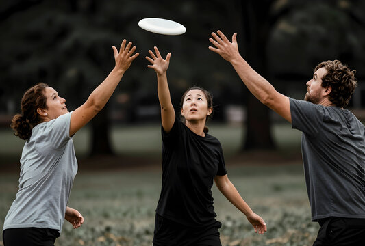 Diverse group of friends playing ultimate frisbee outdoors, reaching for the disc in a park setting, active lifestyle and teamwork