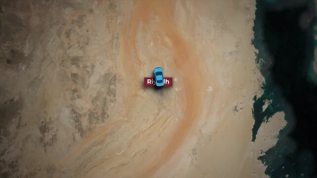 Animated Map Journey from Riyadh to Neom Saudi Arabia over Satellite Background