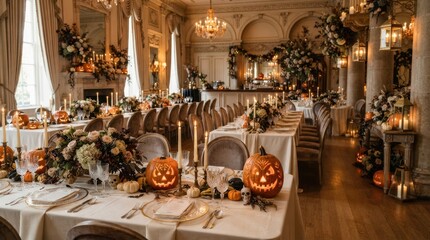 Fototapeta premium Elegant Halloween Dinner Party Set Up in a Grand Ballroom