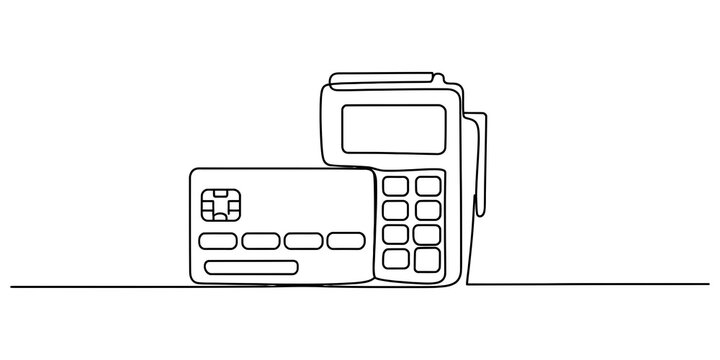 Continuous single line drawing of a credit card and a payment terminal machine used for shopping and financial transactions Vector, illustration