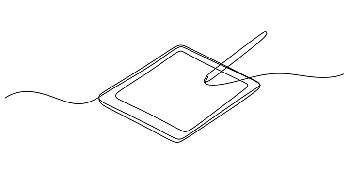Continuous single line drawing of a digital tablet with a stylus pen for creative work and graphic design isolated on white background Vector, illustration