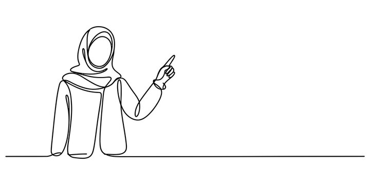 Continuous line drawing of a woman wearing a hijab pointing her finger to the side isolated on a white background Vector, illustration