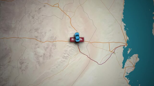 Riyadh to Neom Saudi Arabia Animated Map Route on Topographical Background