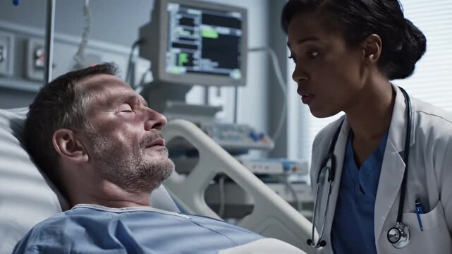 Concerned Nurse Checks On Patient In Hospital Bed Close Up 4K
