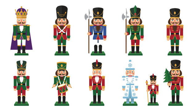 Traditional Wooden Christmas Nutcracker Soldier Vector Character Set Featuring Festive King Drummer Guard and Winter Snowflake Ballet Toy Elements