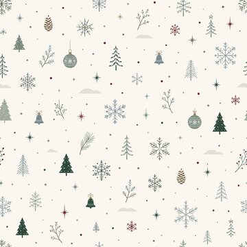 Scandinavian minimal Christmas pattern with pine trees and snowflakes on neutral background for festive gift wrap or seasonal stationery