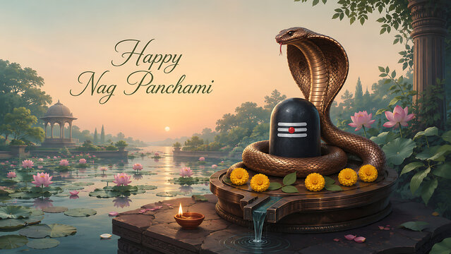 Serene lotus pond landscape showing large snake protecting sacred shiv lingam during morning sunrise for traditional nag panchami prayers to lord mahadev