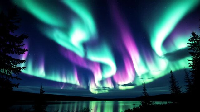 The breathtaking natural phenomenon of the Aurora Borealis dance displays a magnificent, glowing combination of green and purple across the star-studded night sky.