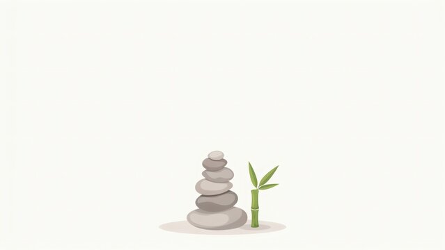 Minimalist stacked zen stones beside green bamboo stalk isolated against clean neutral background illustration with vector illustration balanced