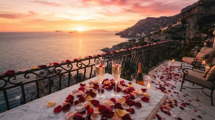 Fototapeta premium Romantic sunset balcony with champagne and rose petals overlooking the sea