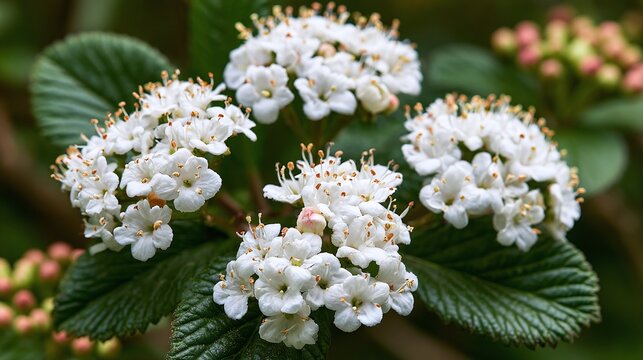 Delicate white Viburnum flowers in full bloom, showcasing intricate petals and golden anthers against lush green foliage, captured in soft, natural light, evoking serenity and the beauty of spring