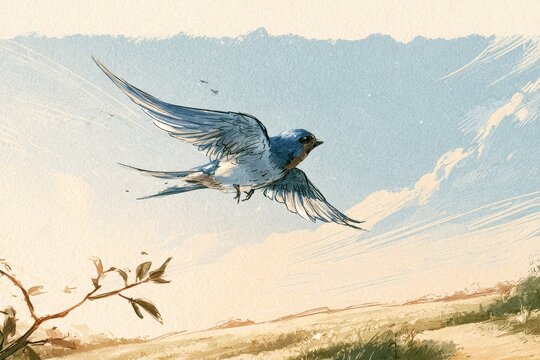 Elegant avian illustration: swallow in motion with flowing strokes and serene palette