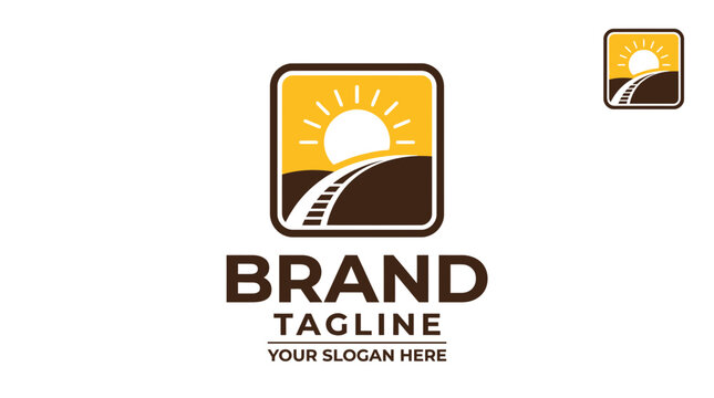 Corporate road and sun logo with brand tagline.