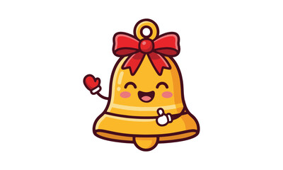 Fototapeta premium Cute Kawaii Golden Christmas Bell Mascot Character Waving Hand Red Ribbon Vector Illustration