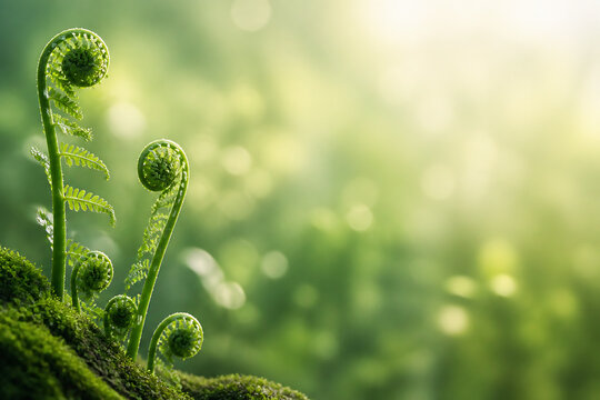 Brightly lit green moss with unfurling fern fiddleheads in a lush, sun-dappled outdoor setting.