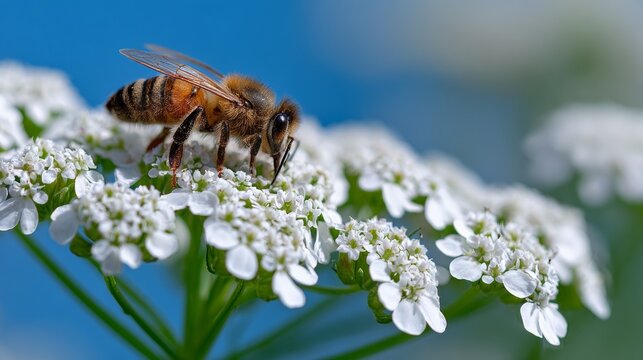 Buzzing bee collects nectar on delicate white flowers