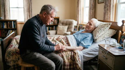 Fototapeta premium Mature man holding hand of sick elderly man lying in hospital bed. Family support and care for patient in bedroom. Compassion and help during illness. Elderly care home concept.