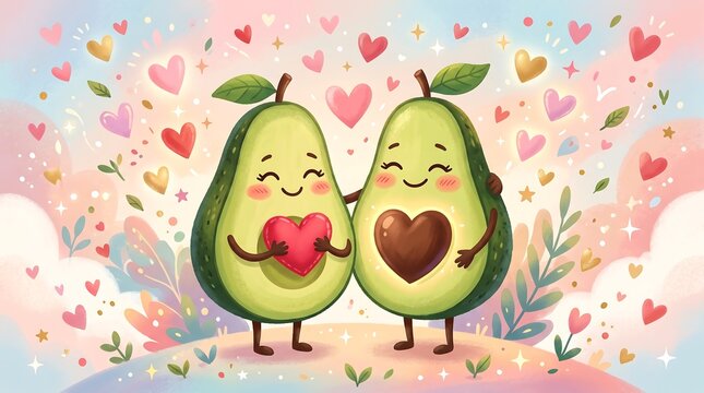 Cute avocado couple illustration with hearts, romantic avocado characters in pastel watercolor style, whimsical love concept for Valentine's Day