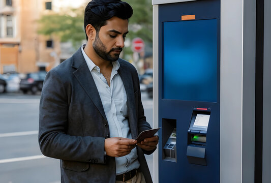 Young bearded man in a suit jacket using an outdoor parking payment machine with a card in his hands, Modern urban convenience and daily routine in a city environment