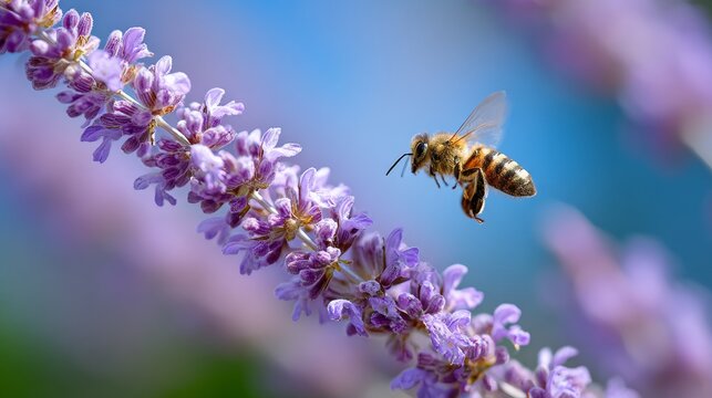 Bees dance among vibrant purple blossoms in spring