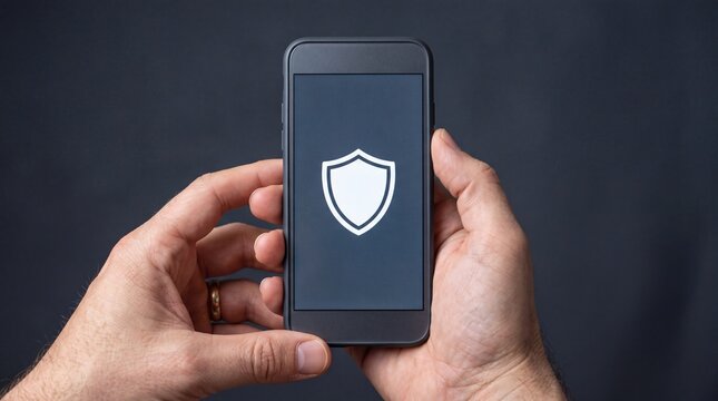 A pair of hands holding a dark smartphone with a white shield displayed on the screen, ad social media download thambnail poster web template event festival 2026 2027 2028