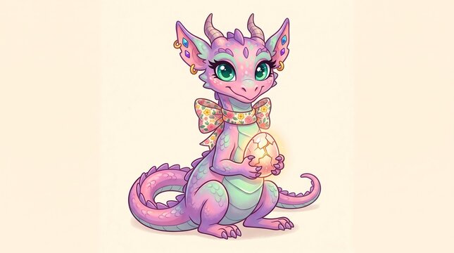 Adorable baby dragon illustration, cute pink mythical creature holding glowing egg, whimsical fantasy character art for nursery decor