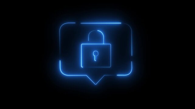 Glowing blue neon open lock icon animation for cybersecurity concept on a dark black background. Neo line Lock on computer monitor screen icon isolated. Monitor and padlock. Security, safety, protect.