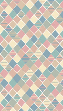 A seamless arrangement of pastel diamonds and striped tiles creates a calm, playful visual texture, ideal for wallpapers, textiles, packaging, and modern decorative projects.