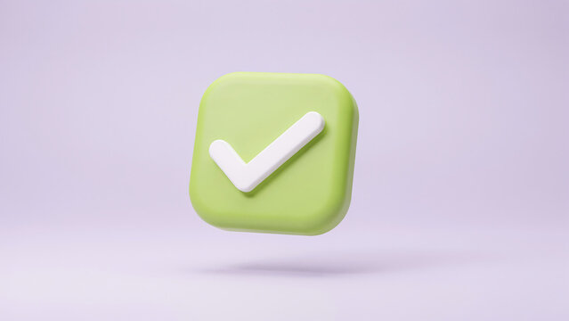 3D render of green rounded square checkmark icon on purple background