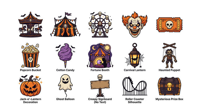 Spooky carnival Halloween illustrations with creepy clown and haunted attractions