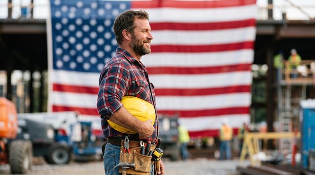Proud construction worker celebrating labor day at job site