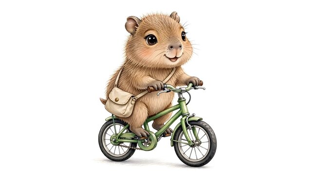 Cute capybara riding a small green bicycle, isolated on a clean white background, charming and whimsical animal illustration.