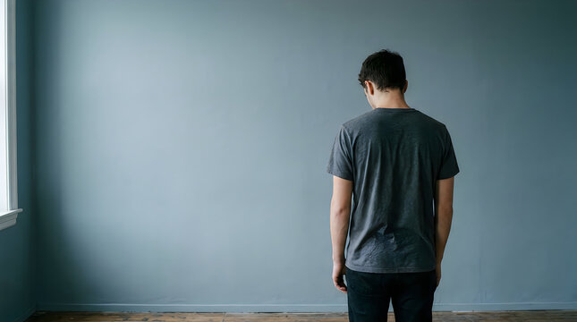 Young man standing alone against plain blue wall looking down in pensive mood representing loneliness isolation mental health awareness sadness depression or inner reflection concept.