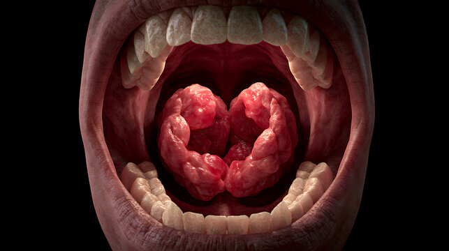 Inflamed tonsils within an open mouth showing redness and swelling
