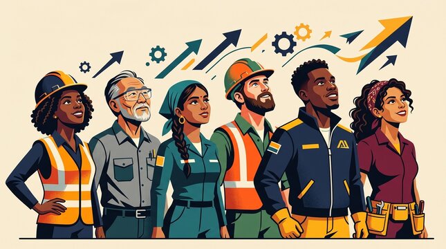 Diverse professional group honoring labor day with progress icons