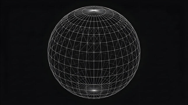 A wireframe globe rendered in white lines on a black background, perfect for a technological concept design.