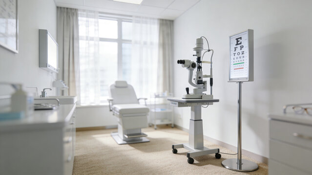 Bright modern optometry examination room featuring professional slit lamp equipment eye testing chart examination chair clinical workstation medical sink optical instruments vision screening ophthalmo